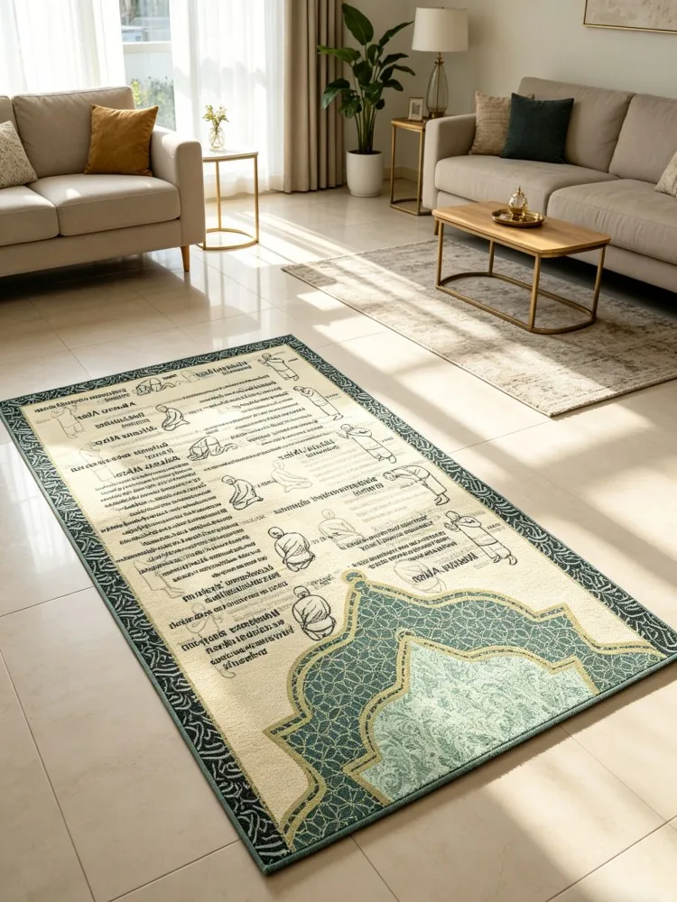 Islamic Prayer Rug with Salah Step Guide | Muslim Janamaz Sajjadah for Beginners