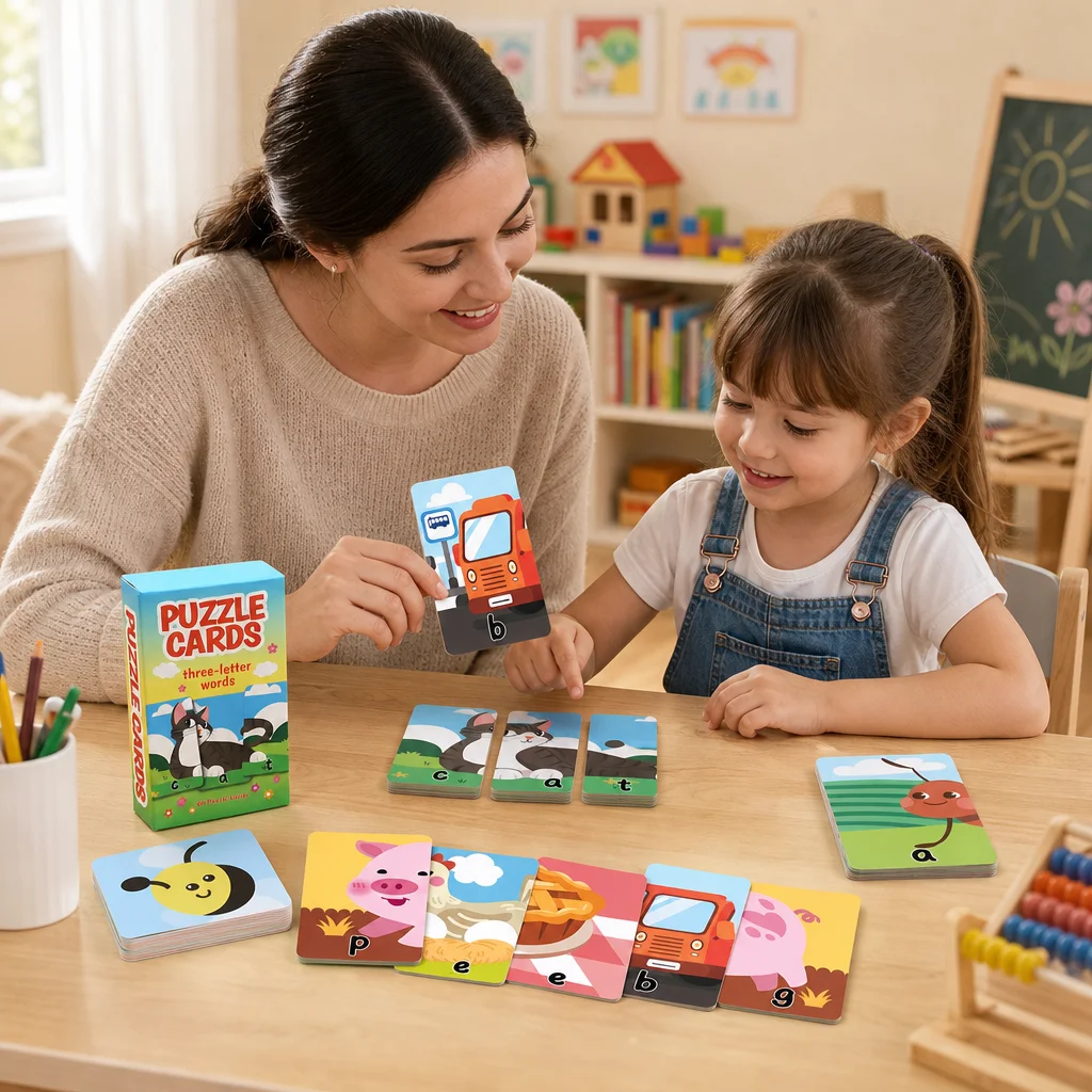 Educational Three Letter Word Puzzle Cards for Toddlers Early Learning Flashcards Double Sided Thick Paperboard Set 54Pcs