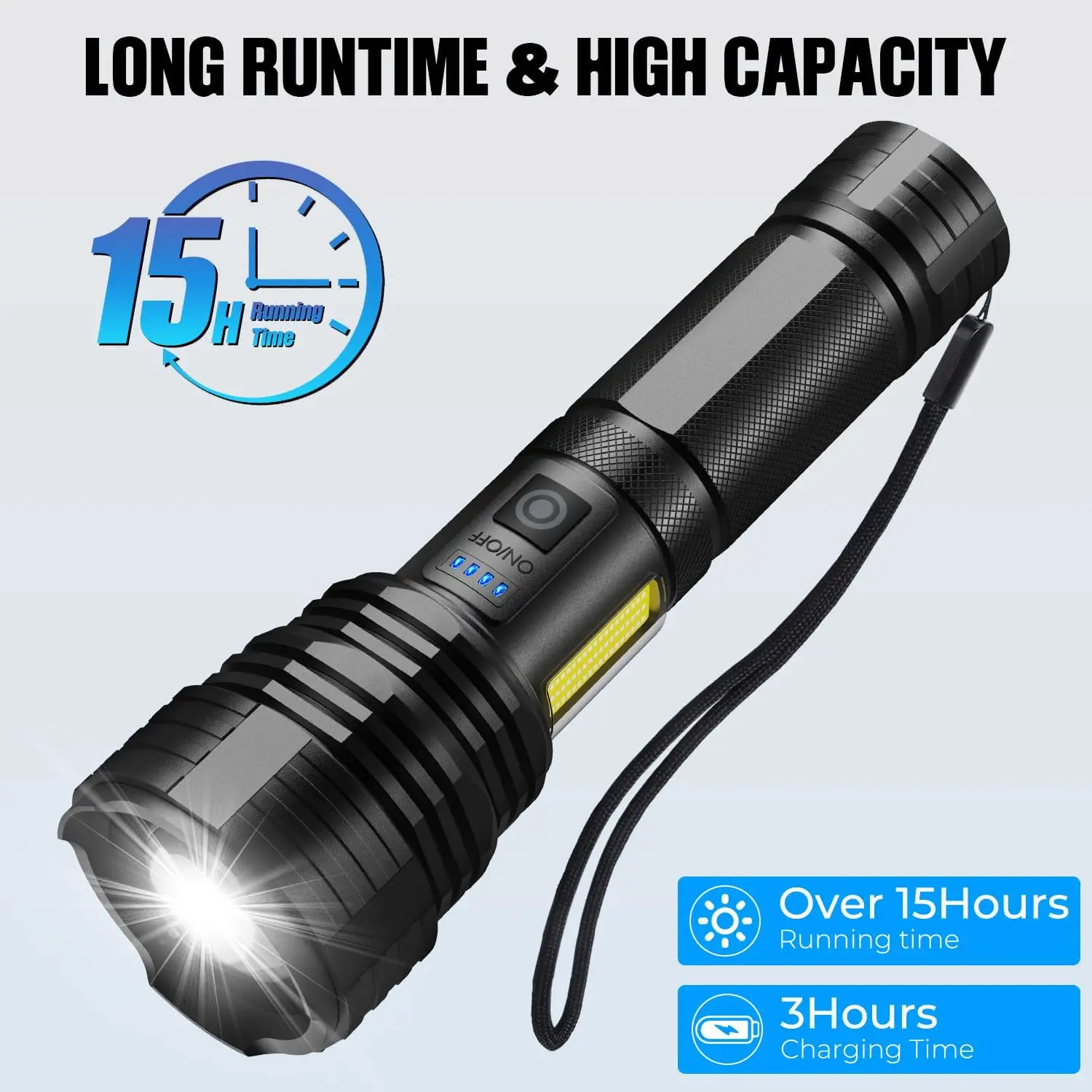 مصباح يدوي عالي التجويف USB قابل لإعادة الشحن 99,000 LM مصباح LED مقاوم للماء للتخييم والمشي لمسافات طويلة (عبوة من قطعتين)