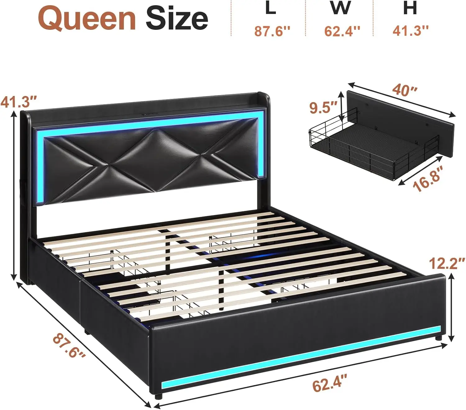 Queen Size Bed Frame with Charging Station & RGB Lights, PU Leather Upholstered PlatformHeavy Duty Wooden Slats, Quick Setup,