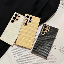 Weave Pattern PU Leather Phone Case For Samsung Galaxy S24 S23 Ultra S24 Plus Plating Gold Frame Camera Small Hole Protect Cover