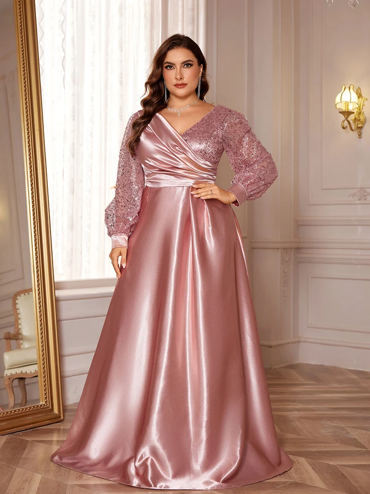 

XUIBOL Plus Size Luxury Pink Sequin V-Neck Evening Dress Women Long Sleeve Satin Wedding Party Prom Floor Lenght Cocktail Dress