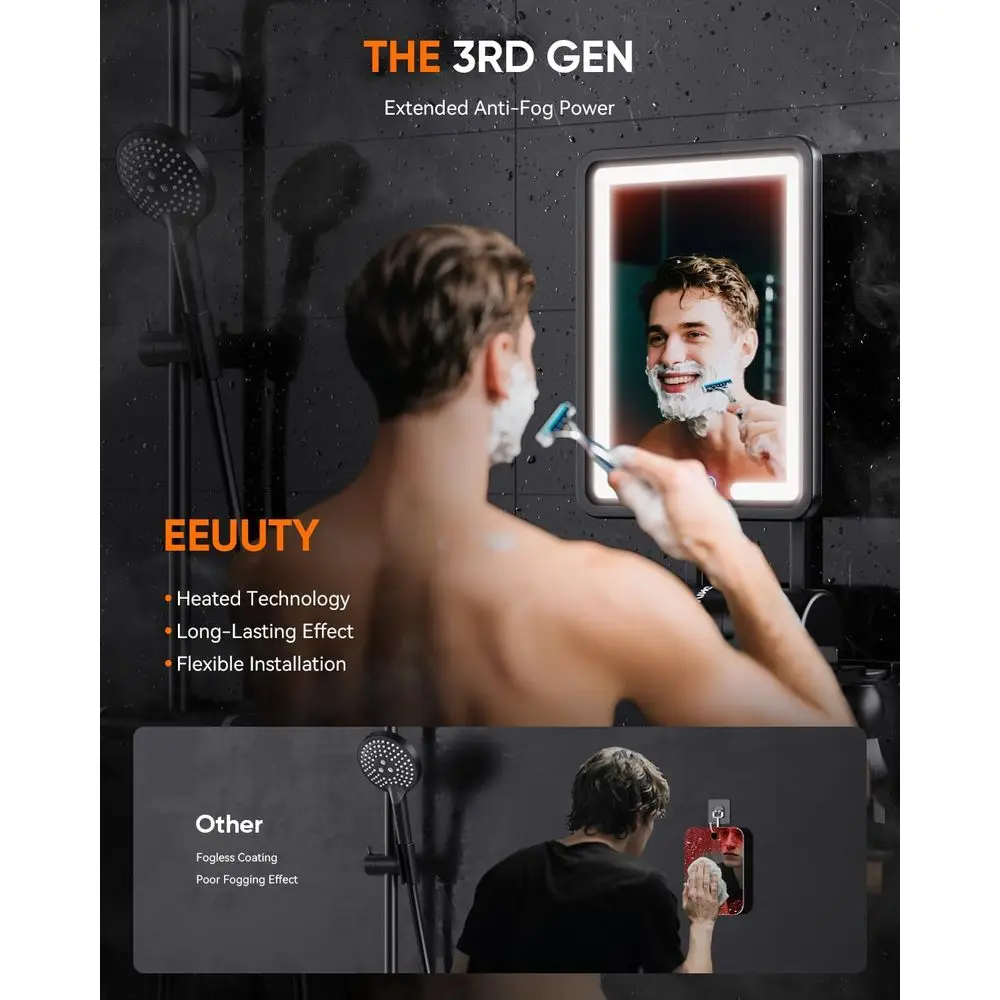 Specchio doccia antiappannamento con 3 luci colorate, porta rasoio e attenuazione continua per 2025, nessuna foratura richiesta, rimovibile - Nero