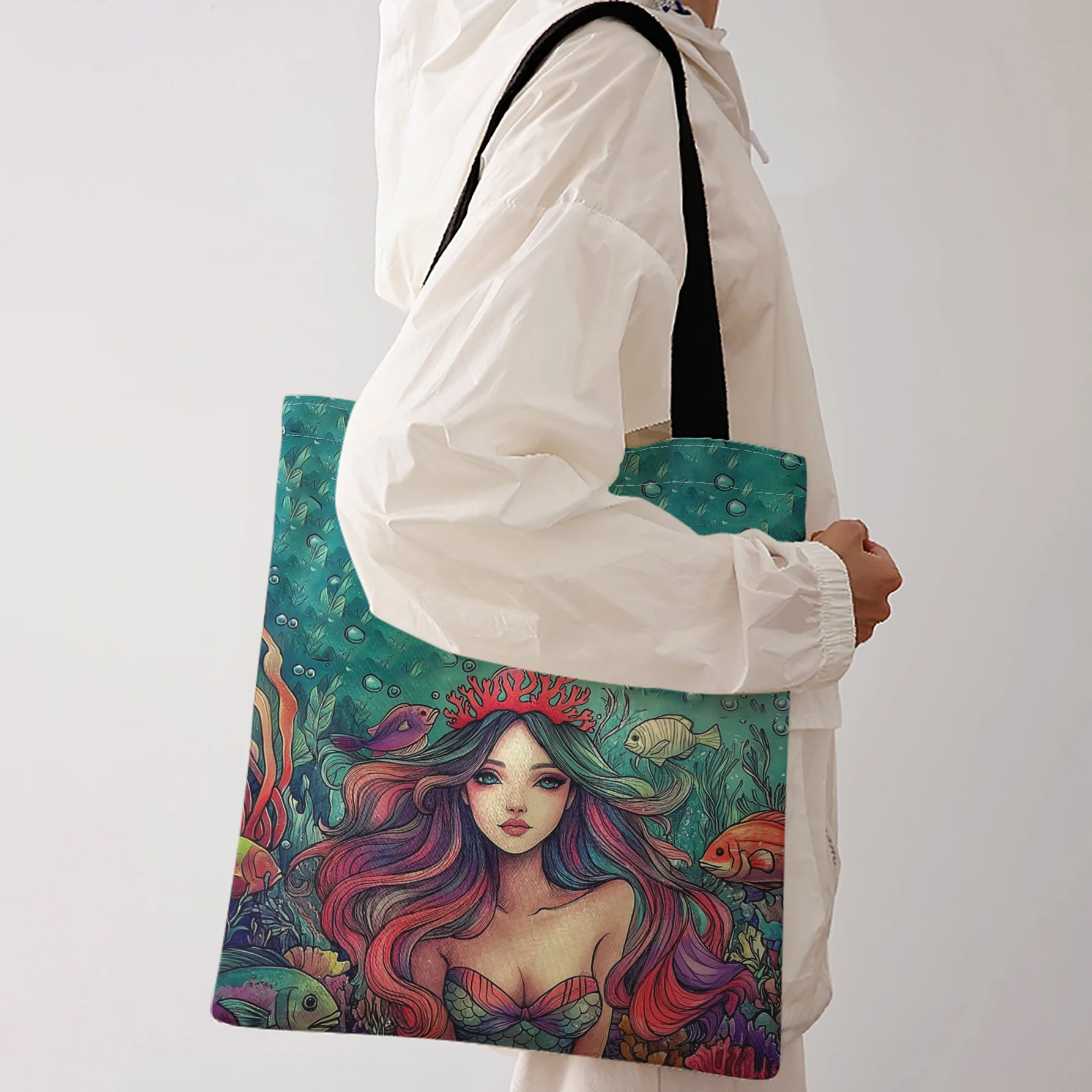 Mermaid Print Tote Bag With Black Handles Large Shoulder Handbag For Shopping Daily Use