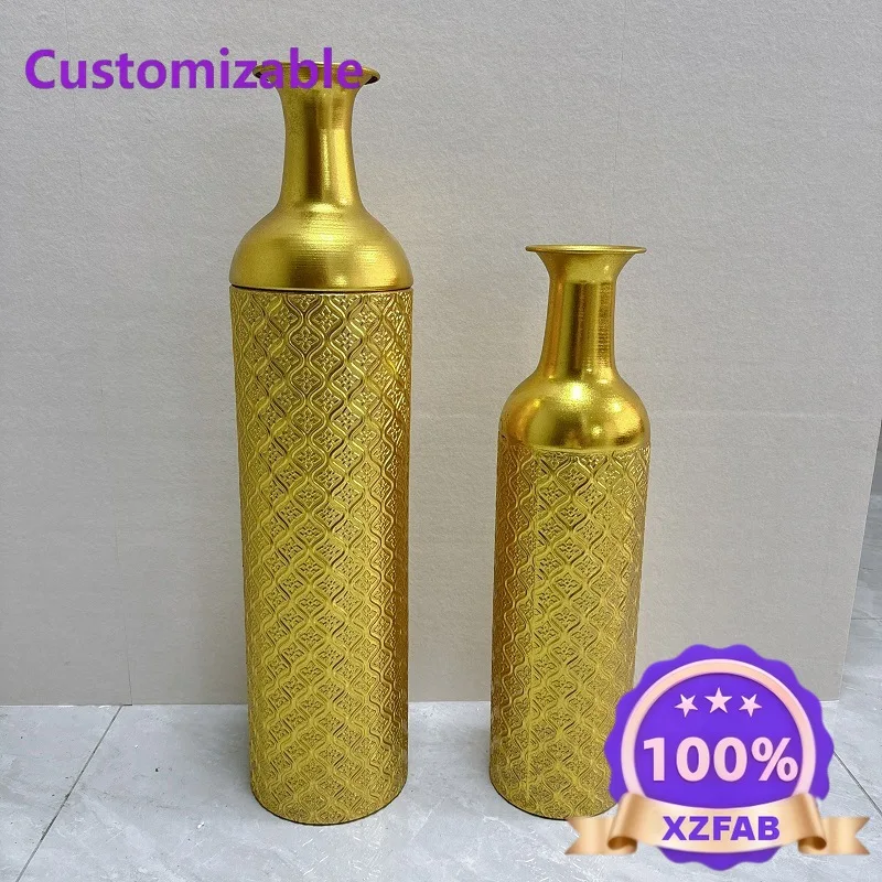 Factory Direct 2026 European retro gold big vase set rhombus texture metal flower arrangement bucket home living room entrance d