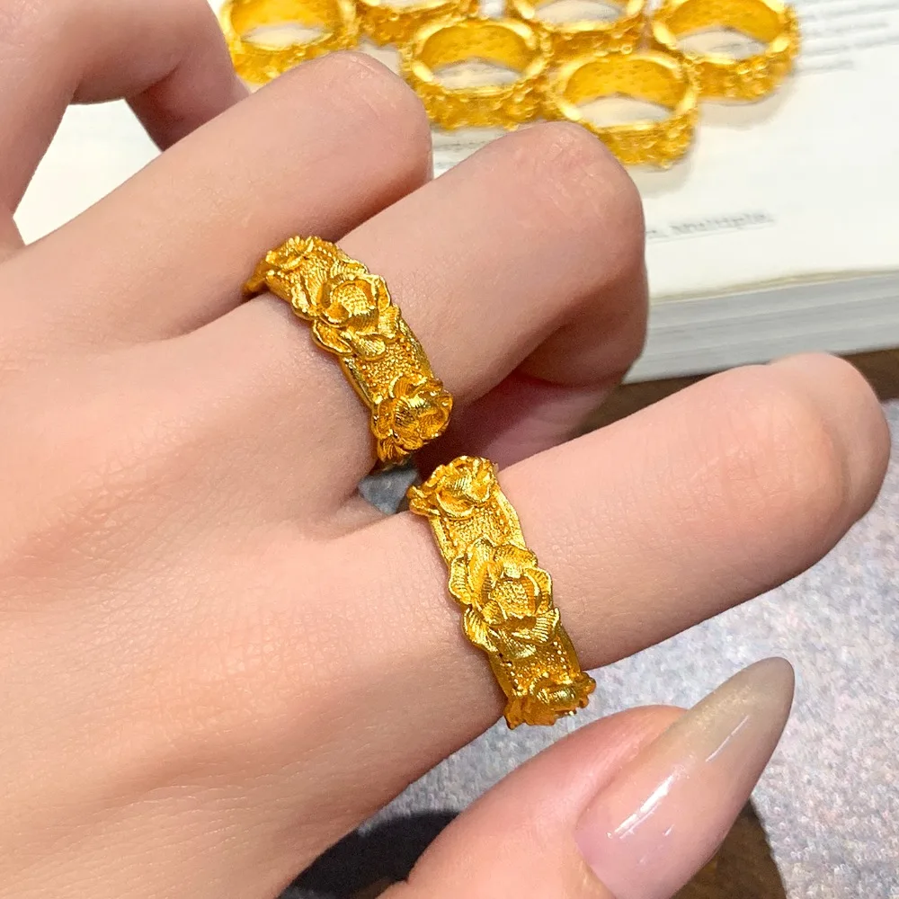 Three-dimensional chisel embossed peony ring small light luxury carved closed 9999gold