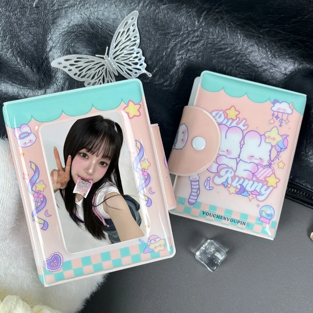 Cute Pink Bunny Photo Card Holder, Kpop Photo Card Album, Stars, Clouds, Pu Material, 3-3.5in Mini Photo Card Holder for Star-Chasing Idol Photo Card, Cartoon Character Game Peripheral Photo Card Storage Display