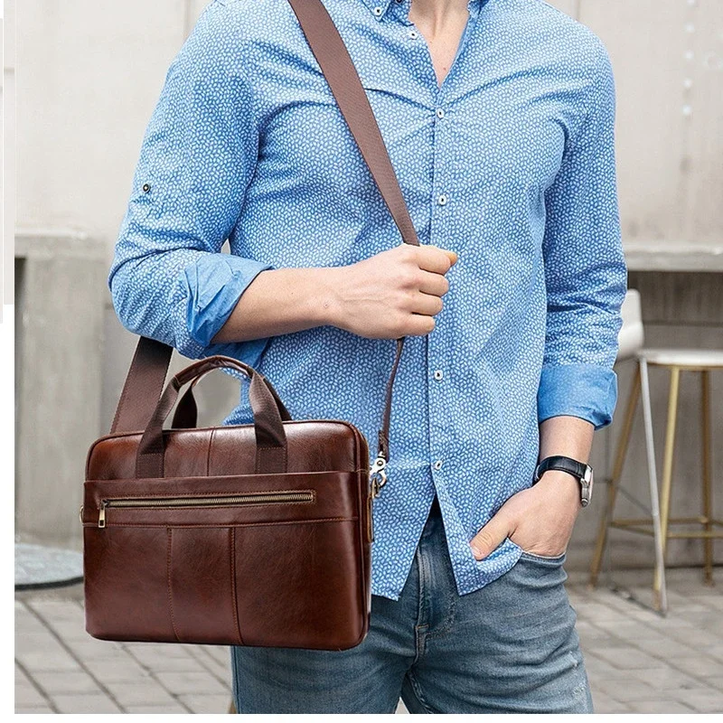 Men's Briefcase Bag Men's Genuine Leather Laptop Bag Business Tote for Document Office Portable Laptop Shoulder Bag