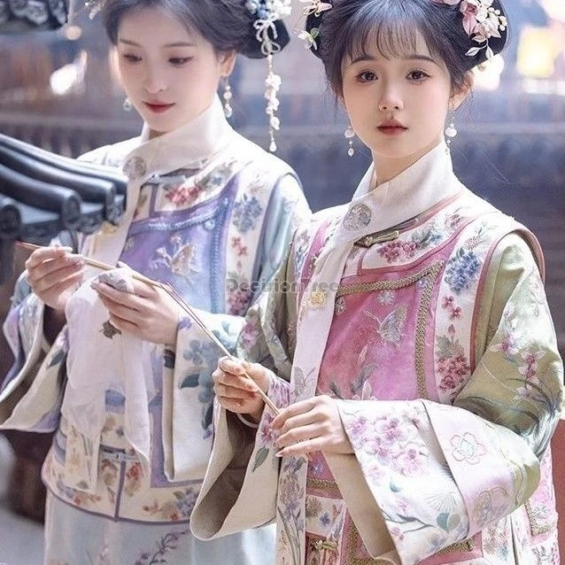 

2025 new chinese restored qing dynasty women's princesses hanfu set printed retro long big sleeve costumes loose daily hanfu set