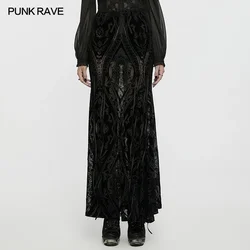 PUNK RAVE Women's Gothic Gorgeous Pattern Patterned Flocked Mesh Skirt Lace Vintage Black Long Skirts Women Clothing
