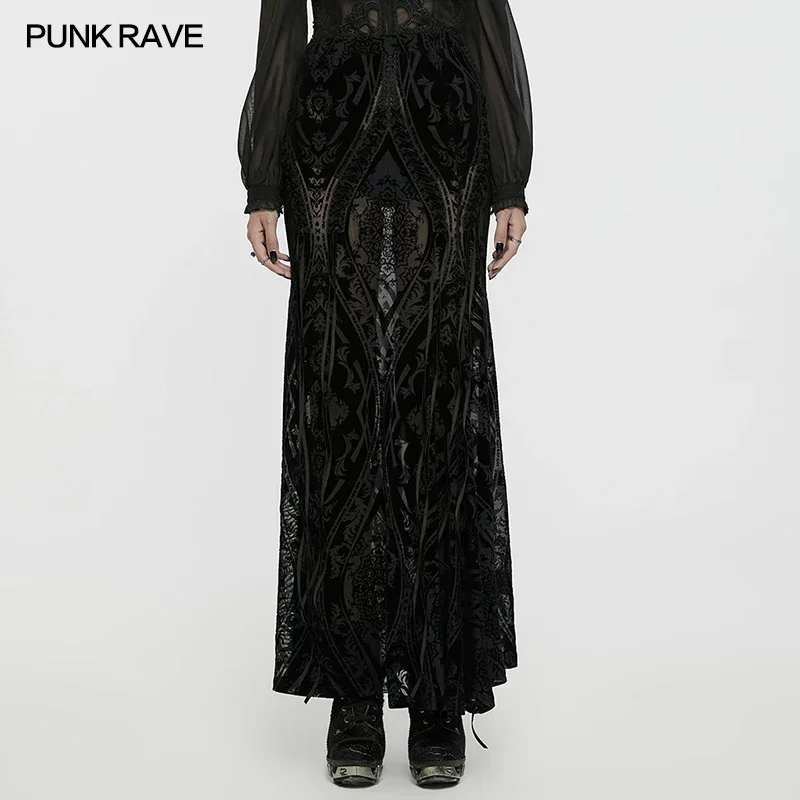 PUNK RAVE Women's Gothic Gorgeous Pattern Patterned Flocked Mesh Skirt Lace Vintage Black Long Skirts Women Clothing