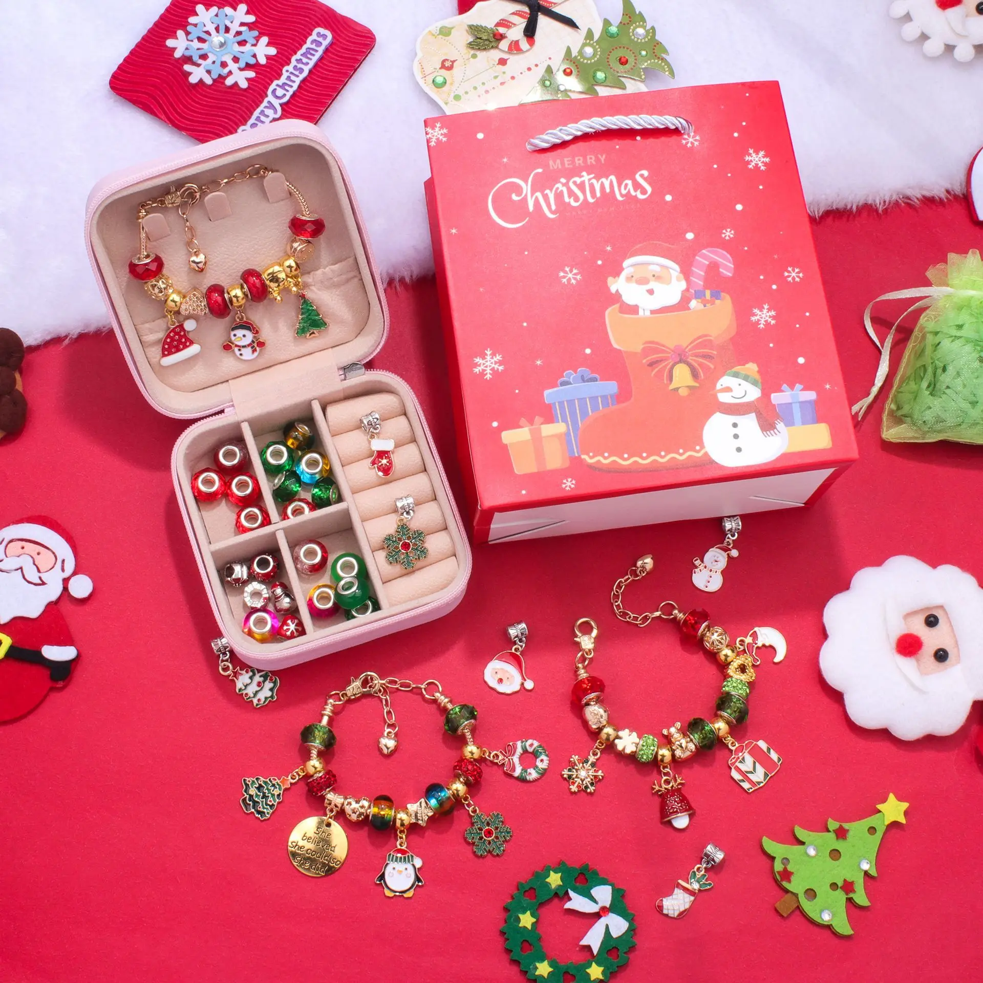 Christmas Bracelet Kit With Storage Case DIY Jewelry Making Accessories Metal Charms Set for Kids Beaded Bangle Festival Gift