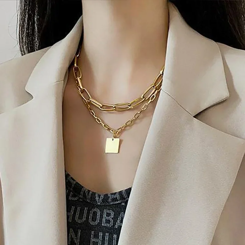 Kismis 1PC Double Layer Personality Hip-hop Necklace Retro Square Chain Short Clavicle Necklace Square Brand Double-layer Chain