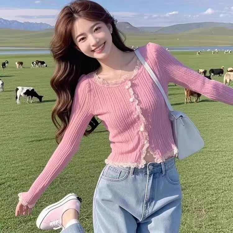 

Футболки с длинными рукавами, женские хлопковые футболки большого размера в готическом стиле Harajuku, эстетический кружевной укороченный топ с рюшами, стиль Y2K, удобный весенний повседневный