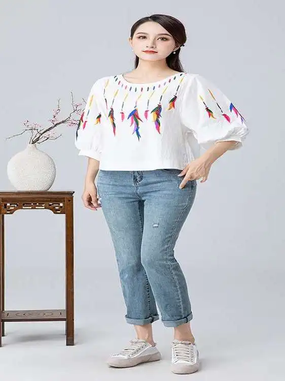 

Large Size Women's Mid-Sve Puff Sve Cotton Linen Vinta Cleanfit Sle Embroidered T-irt Spring Ladies Faion