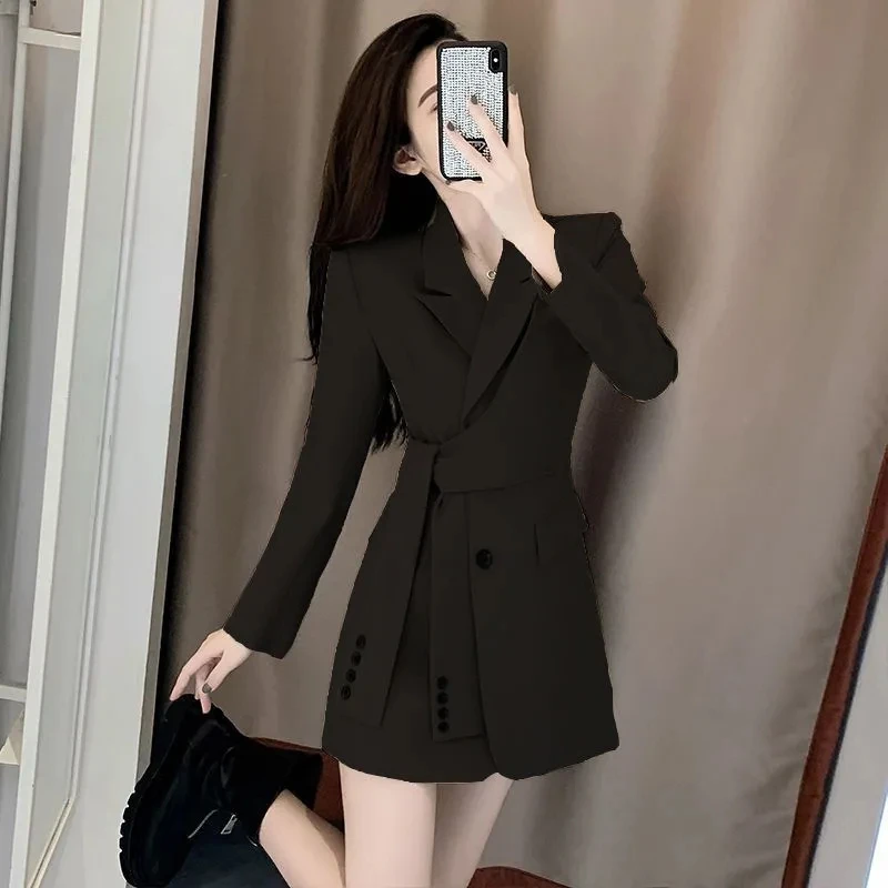 Spring Autumn New Long Sleeve Blazer Dress Women's Outwear Fashion Slim Medium Long Double-breasted Pleated Suit Skirt