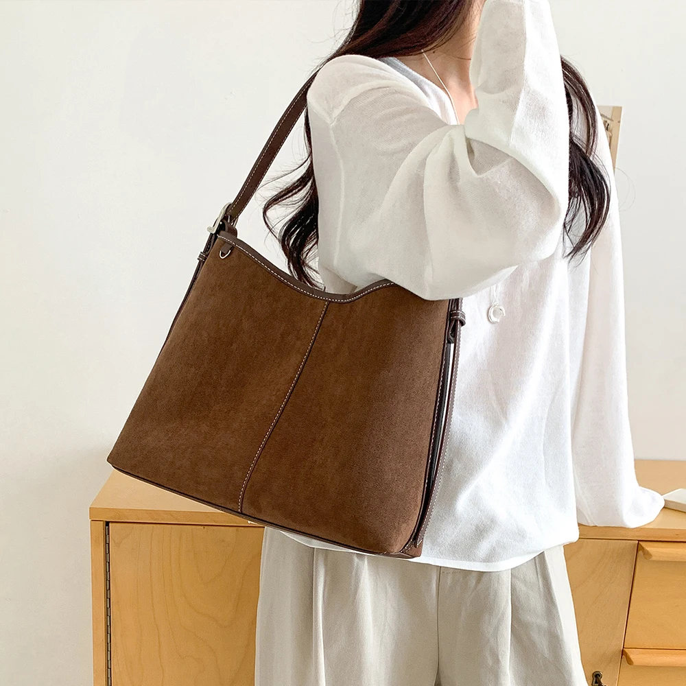 Autumn and Winter Faux Suede Bucket Bag Matte Texture Shoulder Bags for Women Retro Commuting Shopper Purses and Handbag NEW