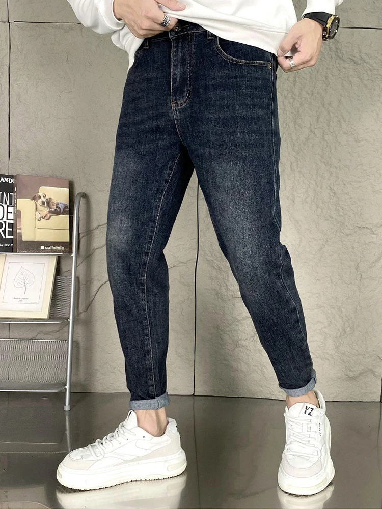 

2025 мужские джинсы темно-синие повседневные эластичные джинсовые брюки-карандаш High Street Slim Fit джинсы-бойфренды весенняя уличная мужская одежда