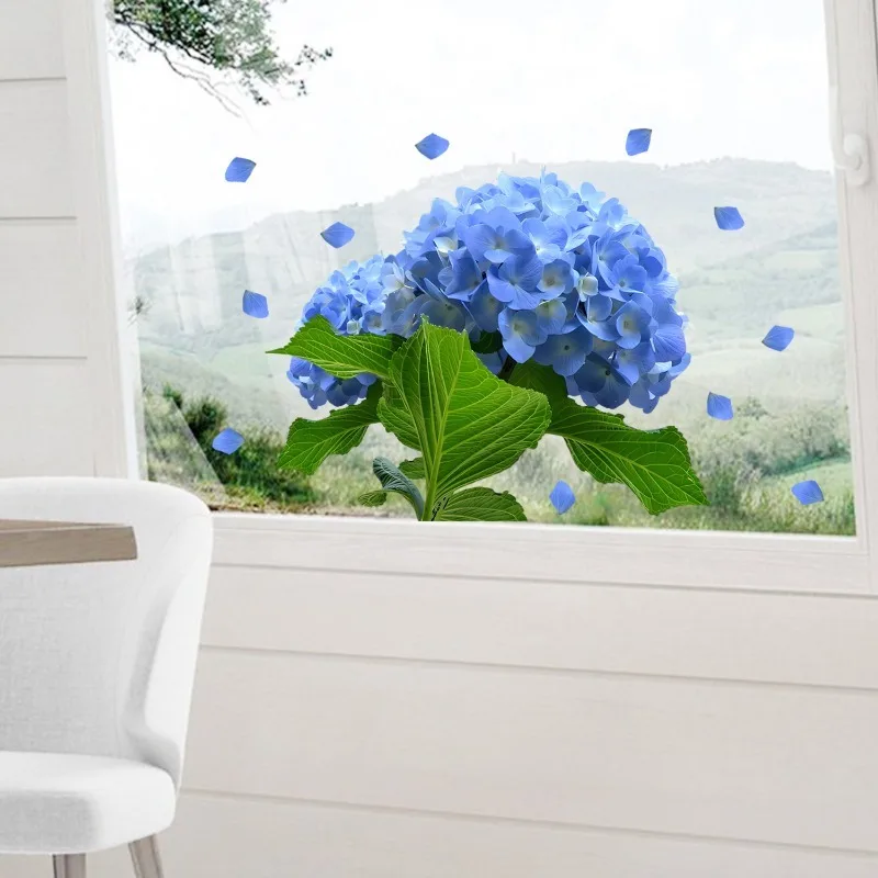 Blue Hydrangea Static Cling Window Film for Living Room Bedroom UV Home Cafe Realistic Flowers Decor 36 45 Cm Posters
