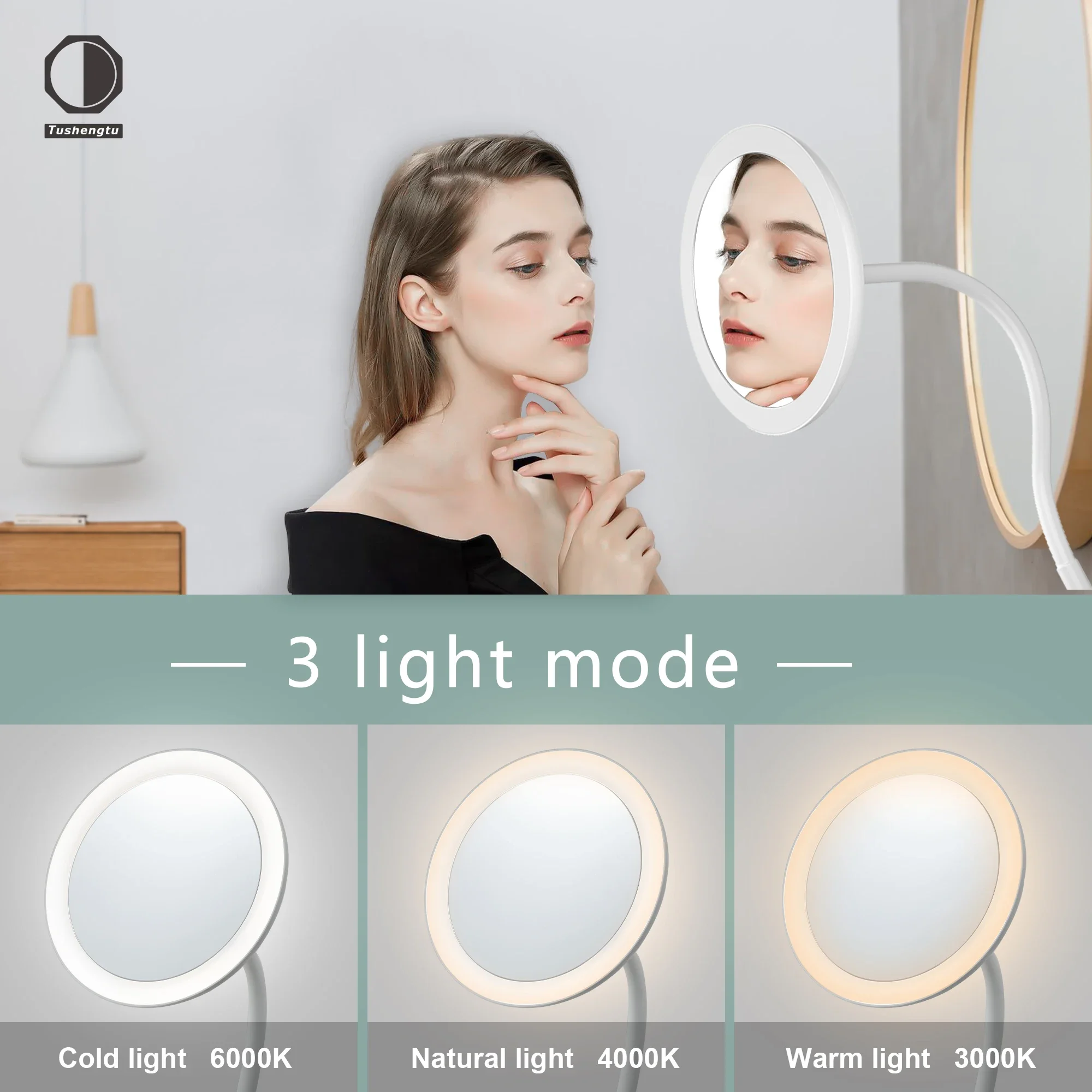 TUSHENGTU 6.5 "miroir de bureau de maquillage à clipser avec lumière, miroir grossissant flexible de voyage à col de cygne 10x, Recharge USB