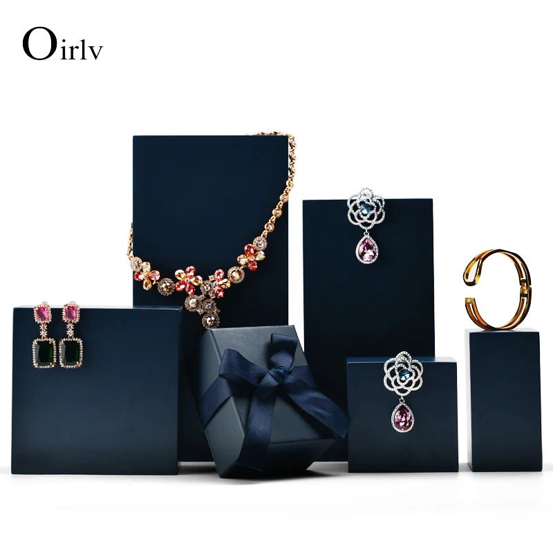 Oirlv Premium Dark Blue Solid Wood Bracelet Display Stand Earring Pendant Holder Box Jewelry Prop Display Table Set