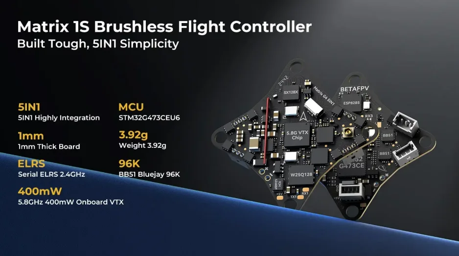 BETAFPV Matrix 1S 5IN1 AIO Flight Controller Brushless 2.4G ELRS 400mW VTX for Meteor75 Pro Whoop Quadcopter Racing Freestyle