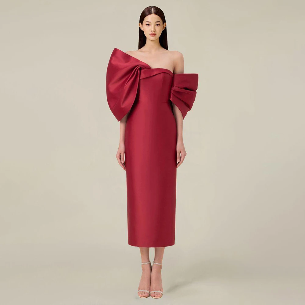 

Burgundy Cocktail Dress Satin Off The Shoulder Big Bow Cocktail Gowns Midi Tea Length Column Short Evening Party Dress for Women