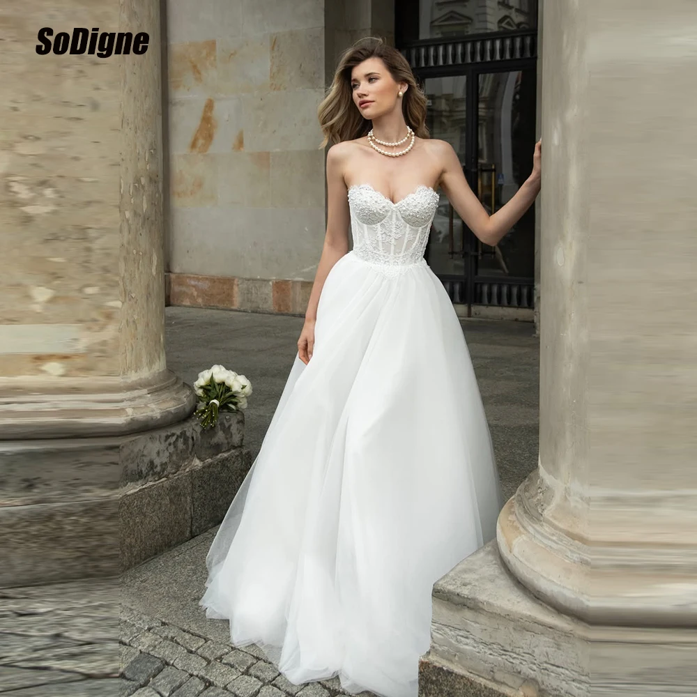 

SoDigne A-line Tulle/Lace Wedding Dresses Sweetheart Sleeveless Pearls Bridal Dress Boho Bride Gown vestidos de novia Customized