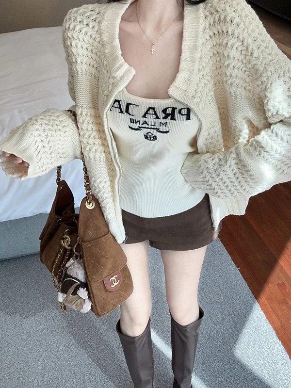 

Sexy Spicy Girl Double Zipper Thiened Women's Vest Top Korean Sle Autumn Winter Design Sense Knitted Sweater Coat