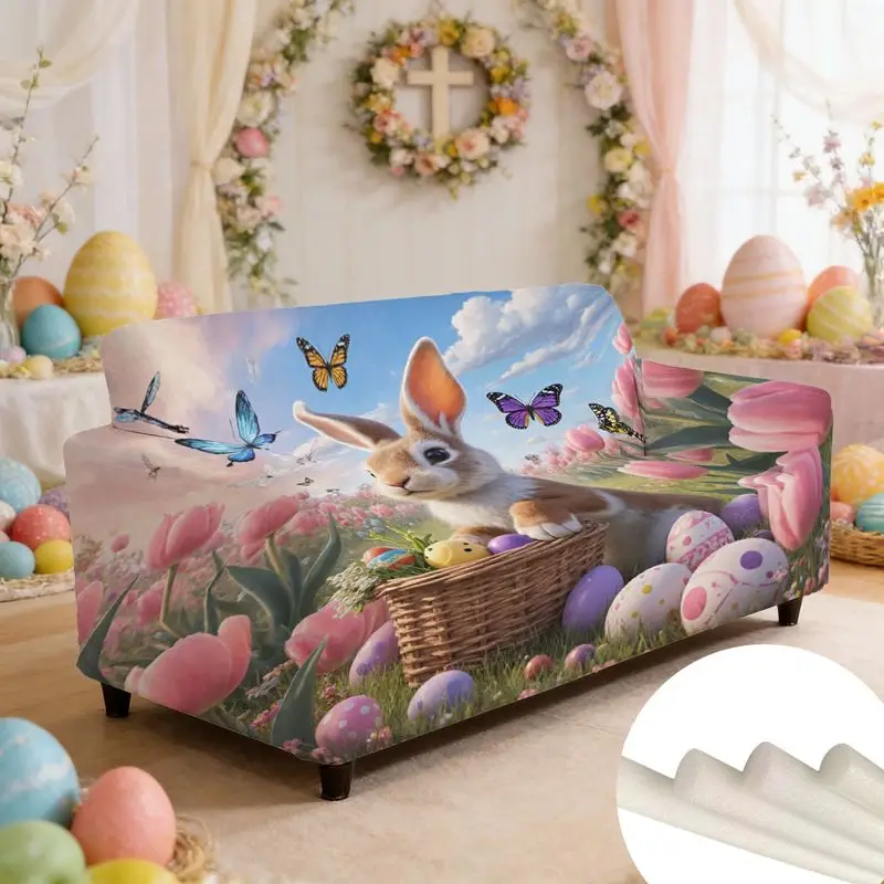 

Универсальный чехол для дивана, милый коричневый и белый пасхальный кролик, сидящий рядом с красочными цветами, украшающими пасхальными яйцами