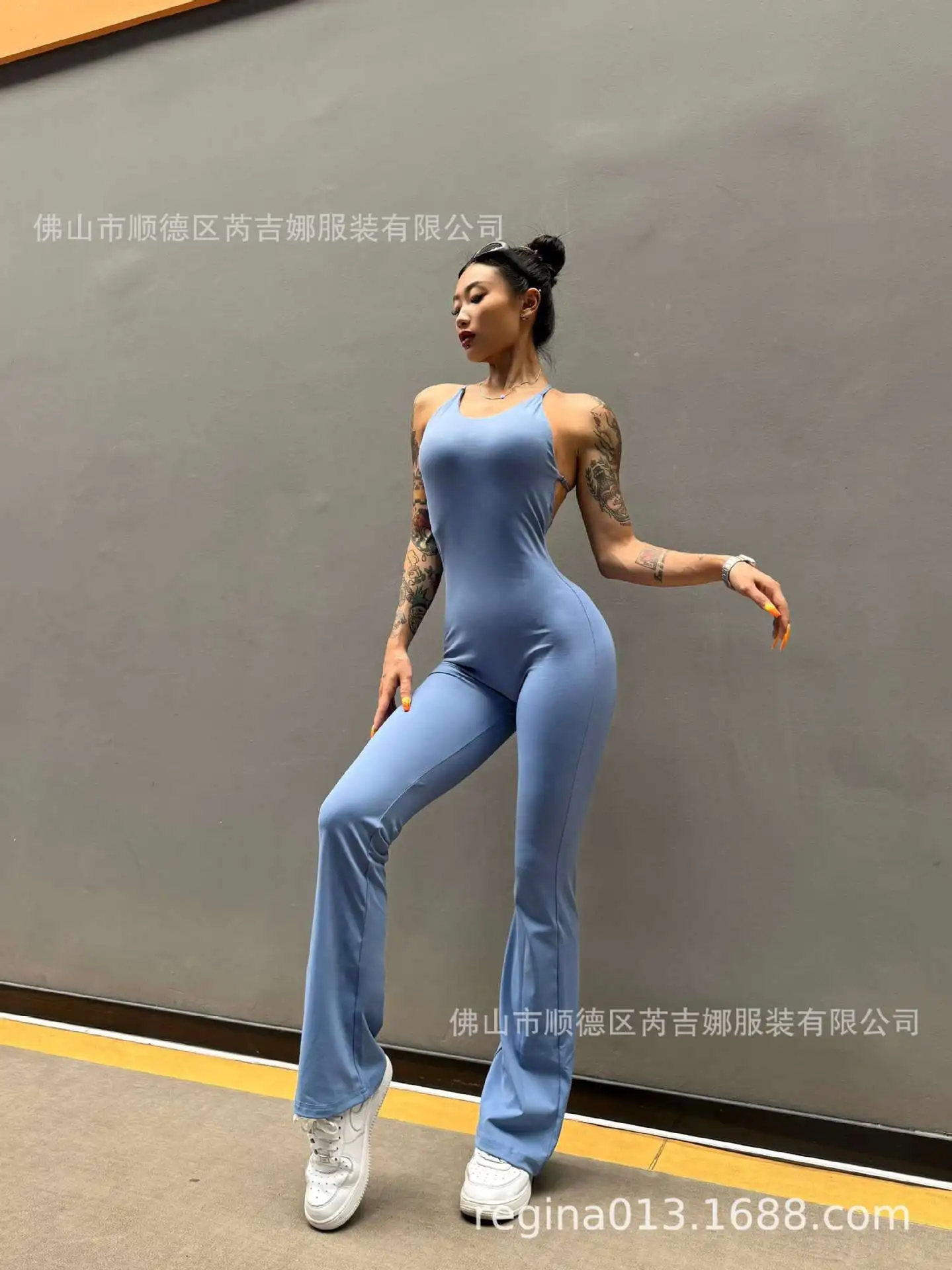 Women Sexy Backless Hollow Out Yoga Jumpsuit Tight Fitness Workout Bodysuit Slim Bootcut Naked Feeling Fabric High Elastic Sport