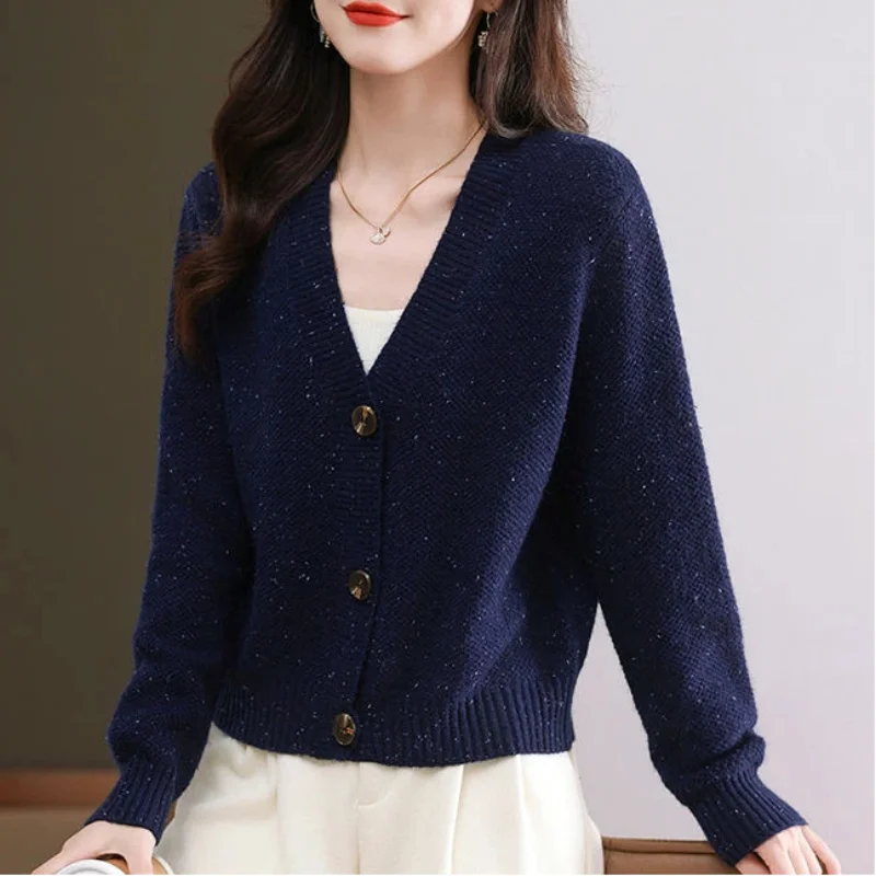 

Women's V Neck Knit Cardigan Autumn Winter New Style Fashion Loose Minimalist Versatile Short Sweater Coat To Match Skirts