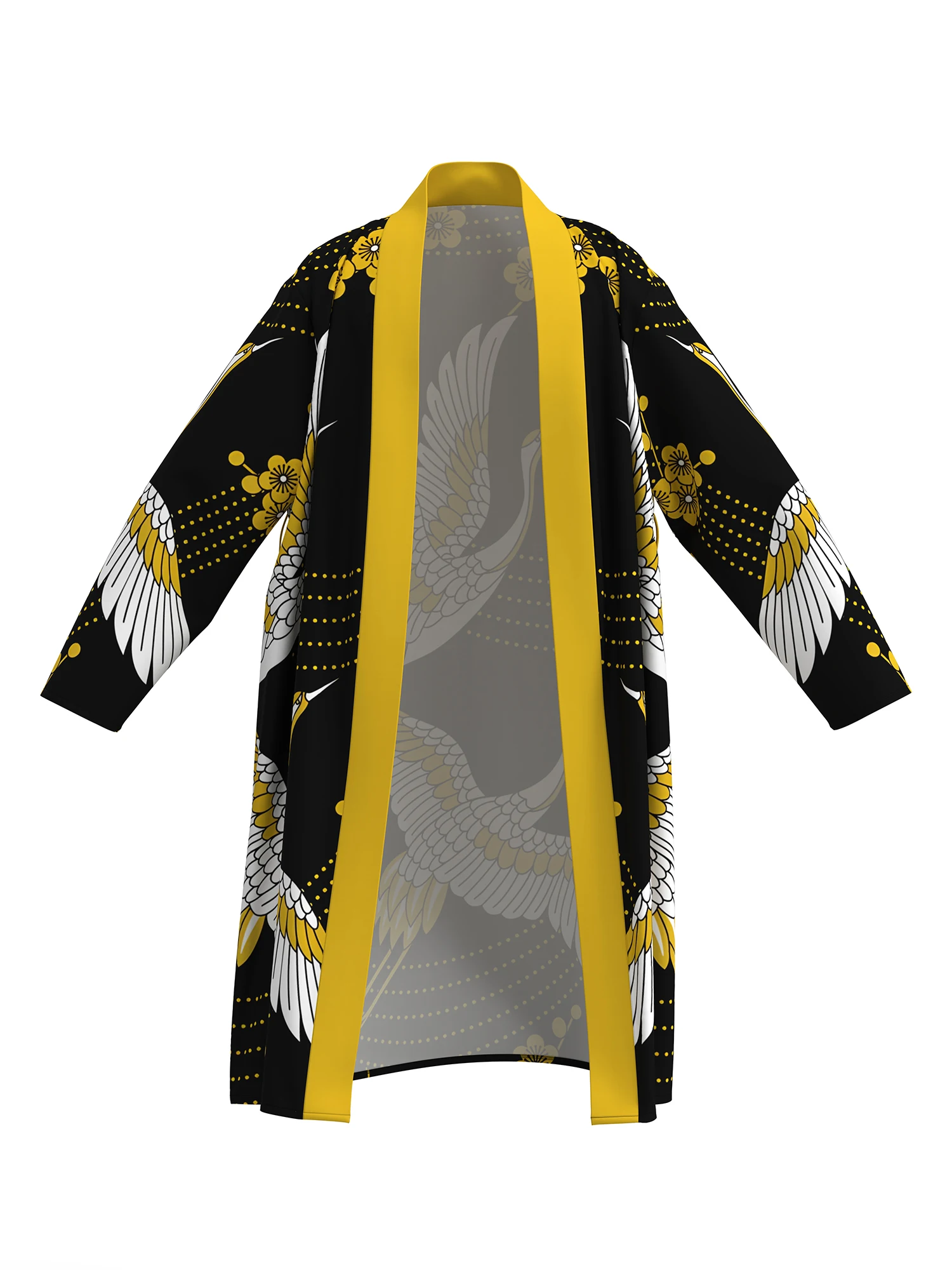 3D Digital Printing Black Background White Crane Comfortable Skin-Friendly Nightgown Men's Long-Sleeved Thin Bathrobe Home Fun