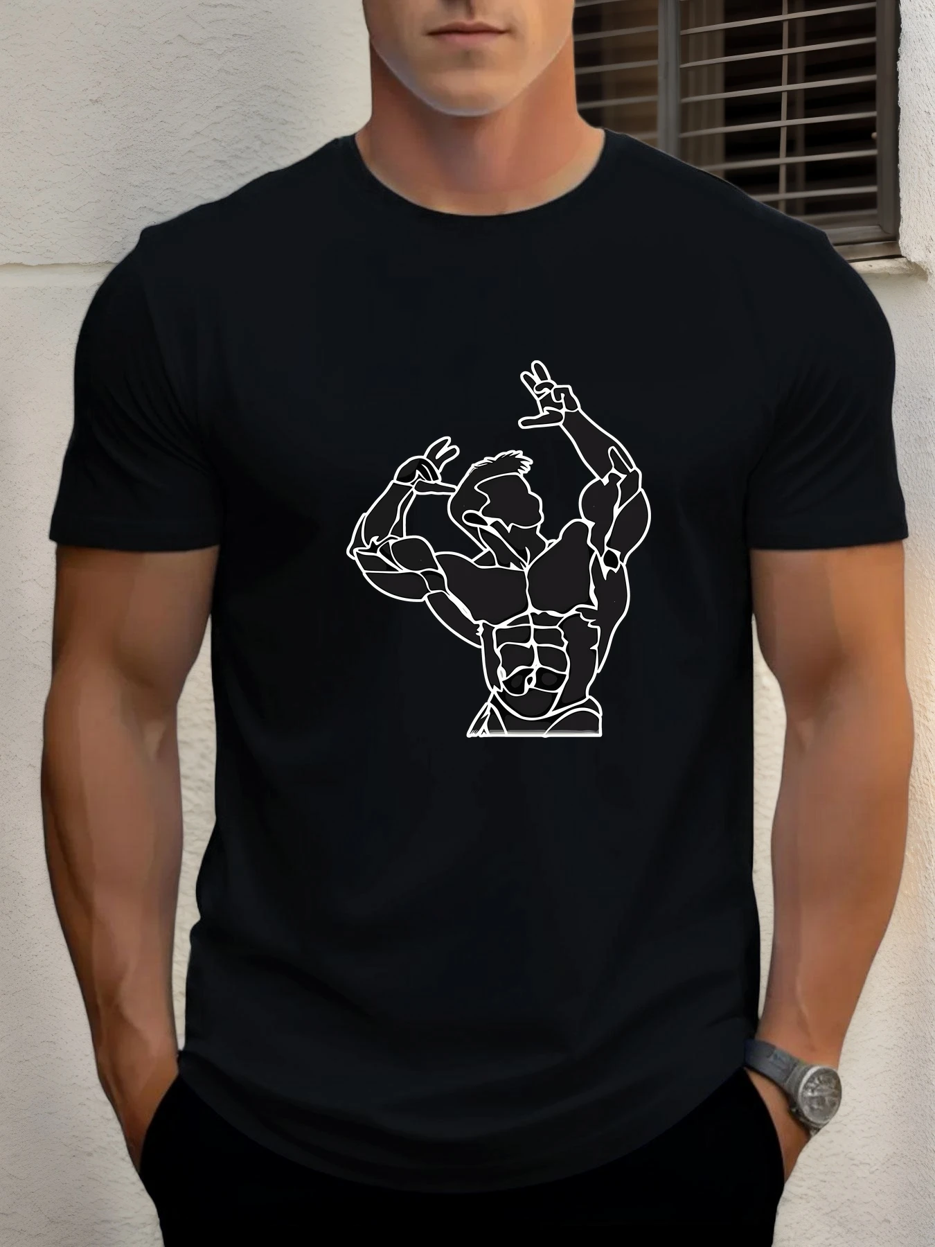 

2025 Summer Men's Cotton T Shirt Bodybuilder Trendy Print Round Neck T-Shirt Casual Breathable Street Style Daily Top