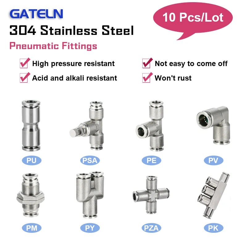 10Pcs/Lot 304 Stainless Steel Pneumatic Air Hose Fittings High Pressure PU PY PE PV PM PZA PSA PK Hose 4 6 8 10 12m