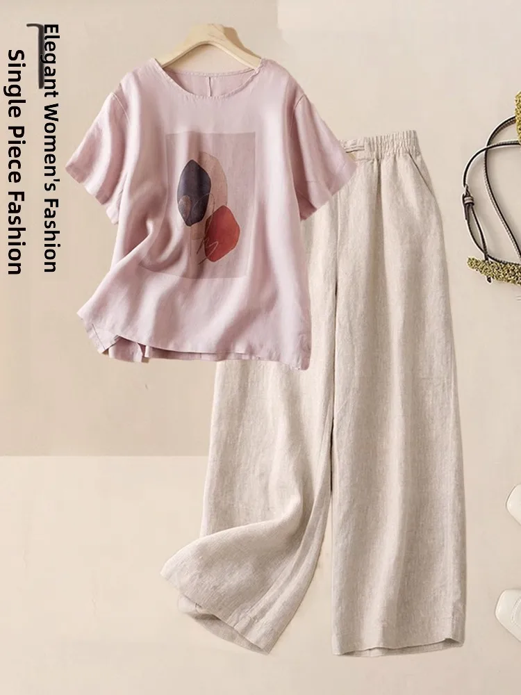 

Summer Cotton Linen ort Sve Set Women's Casual Wide Leg Pants Two Piece Suit Comfortable Breathable round Ne Top