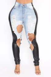 Jeans jeans skinny de couro PU, calças lápis recortadas, calças da moda de cintura alta, cortadas, contraste, rua alta, casual, plus size, 2024