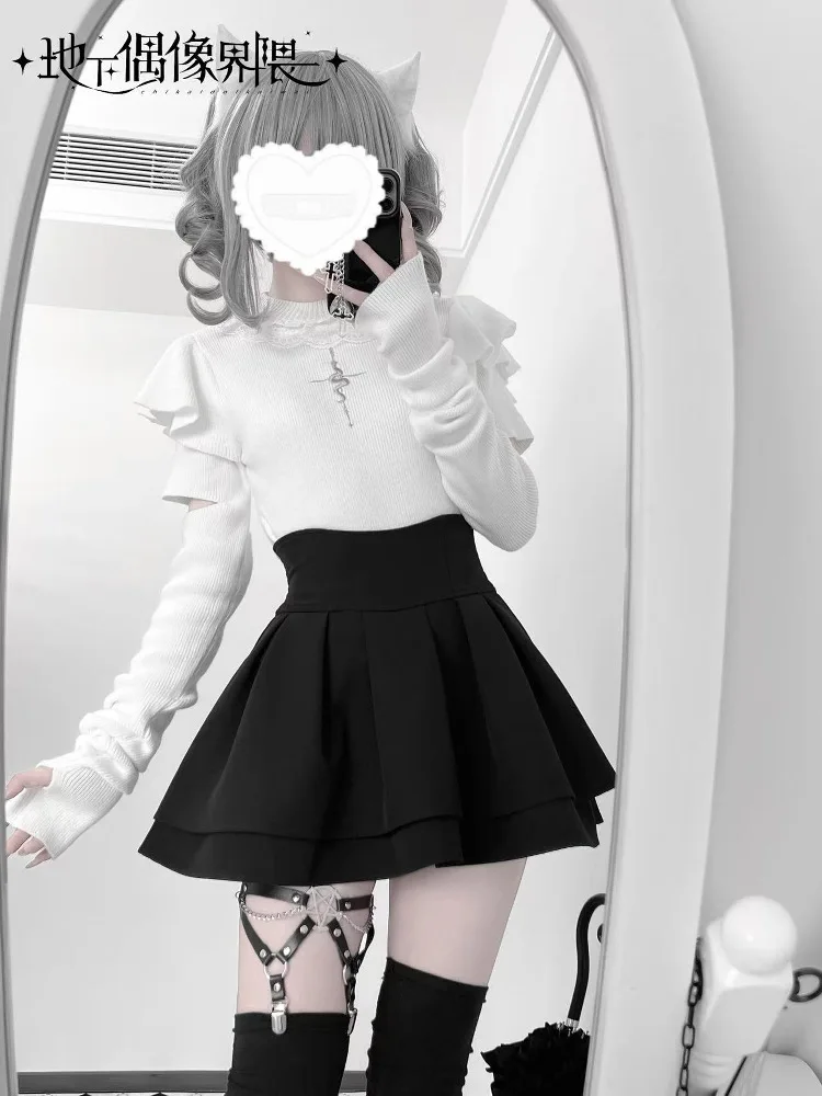 

Японский оригинальный дизайн, полуводолазка с рукавами-крылышками, трикотажная нижняя рубашка, темный готический субкультура Y2k, кружевной топ с рюшами в стиле Лолиты