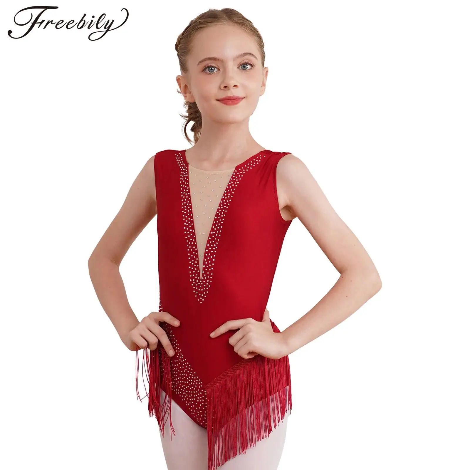 Kids Girls Tassel Latin Dance Dress Shiny Rhinestones Figure Skating Costumes Sparkle Stage Performance Ballet Dance Clothes