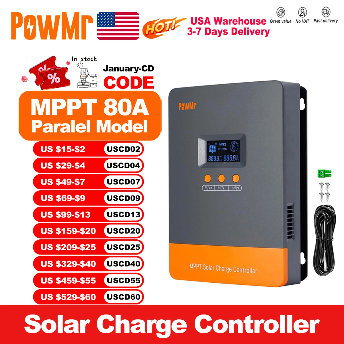 PowMr USA MPPT 100A controlador de carga Solar 12V 24V 36V 48V batería Solar Max 160V Panel regulador inteligente puede Paralle 12 piezas