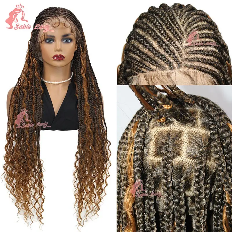 Perruque Full Lace Front Wig tressée bouclée bohème, 32 pouces, perruques synthétiques, longues, sans nœuds, boîte tressée, Locs Goddess Cornrows