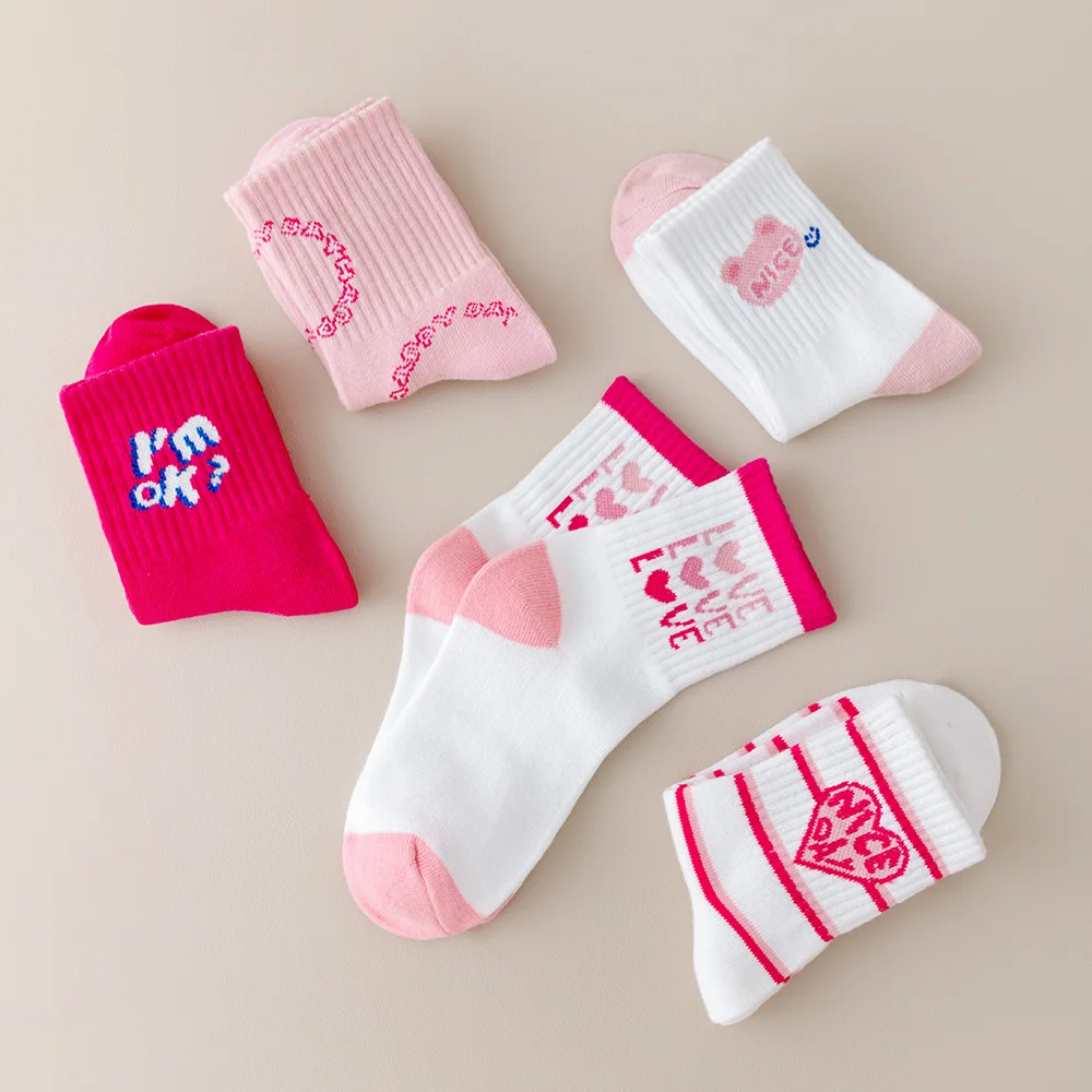 여아용 봄 여름 아동 양말 5켤레, 핑크 하트 스트라이프 귀여운 캐주얼 양말