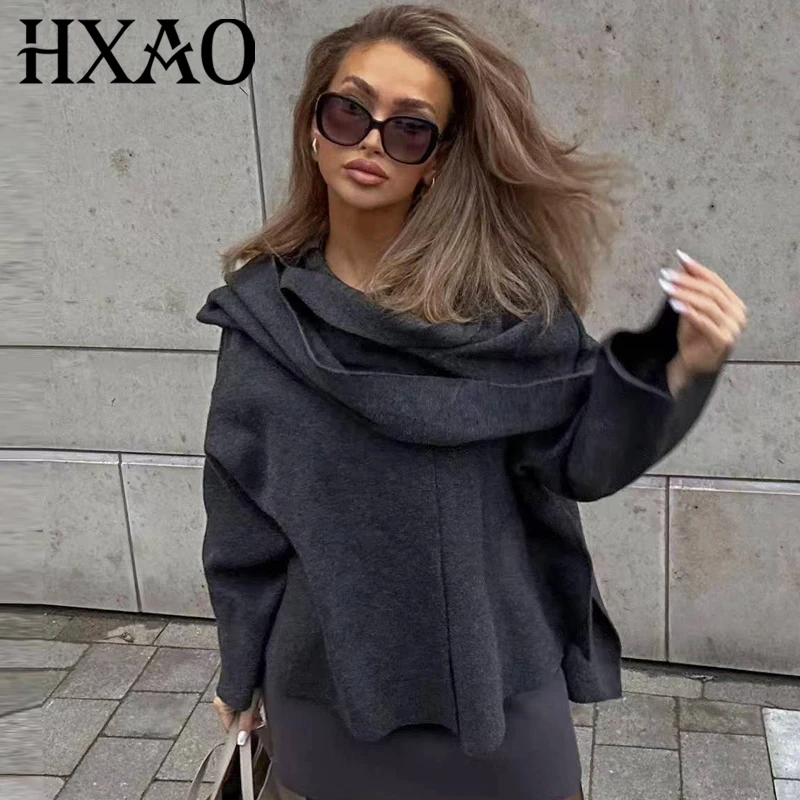 HXAO Knit Cape Coat Women's Jacket New In Coats & Jackets Cloak Cut Out Long Sleeve Cardigan Asymmetric Scarf Cropped Outerwears
