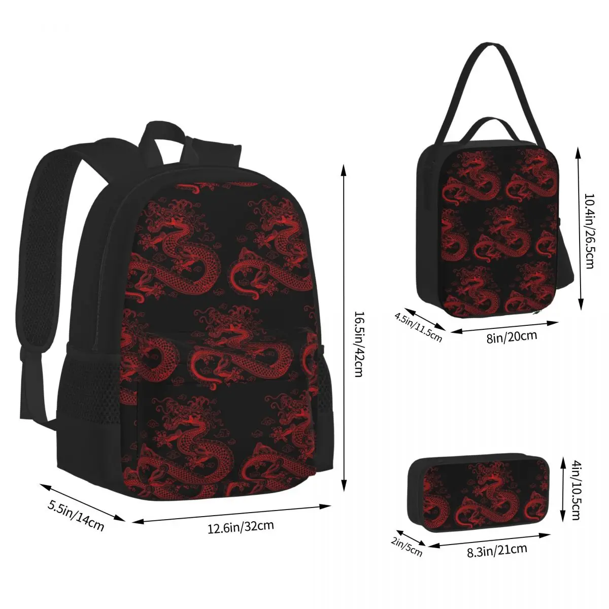 Red Chinese Dragon Backpacks Students Bookbag School Bags Rucksack Lunch Bag Pen Bag Three-Piece Set