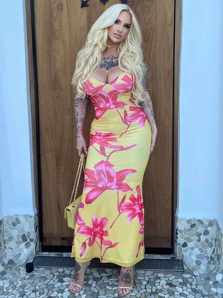 

Women's Summer V-neck Sleeveless Floral Print Party Dresses 2025 Ladies Spaghetti Strap High Waist Bodycon Yellow Beach Dress