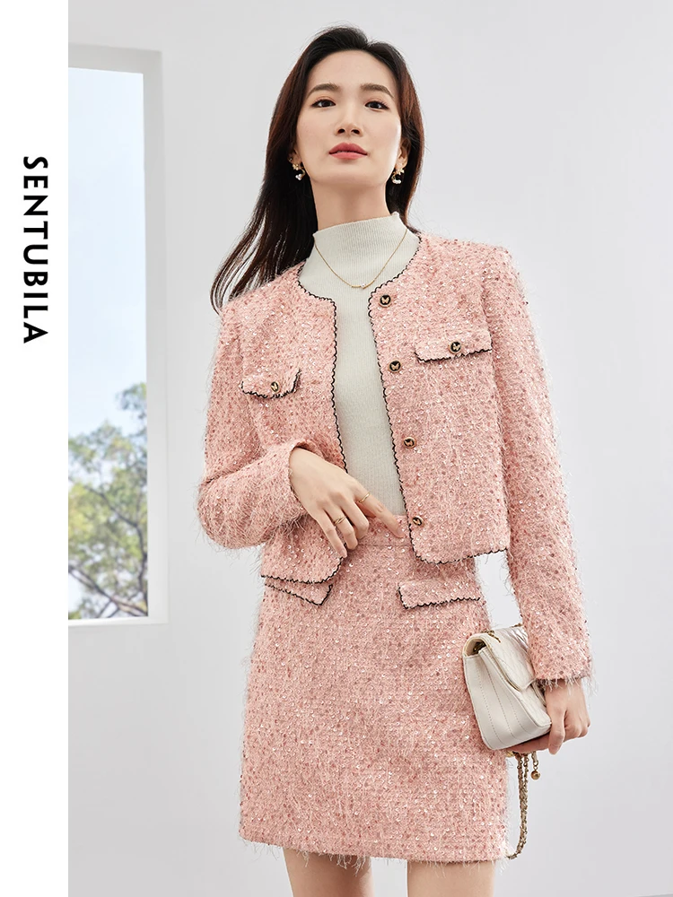 Imagem -03 - Sentubila-fato de Tweed Rosa Feminino Jaqueta com Gola o Minissaia Linha a Roupa Elegante Conjuntos Novos de Saia Peças 141z52351 Primavera 2023