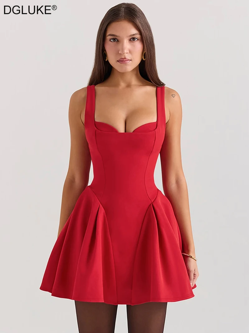 

DGLUKE 2025 Red Corset Mini Dress For Women Sweetheart Neck Backless High Waist A-Line Summer Dress Sexy Birthday Party Dress