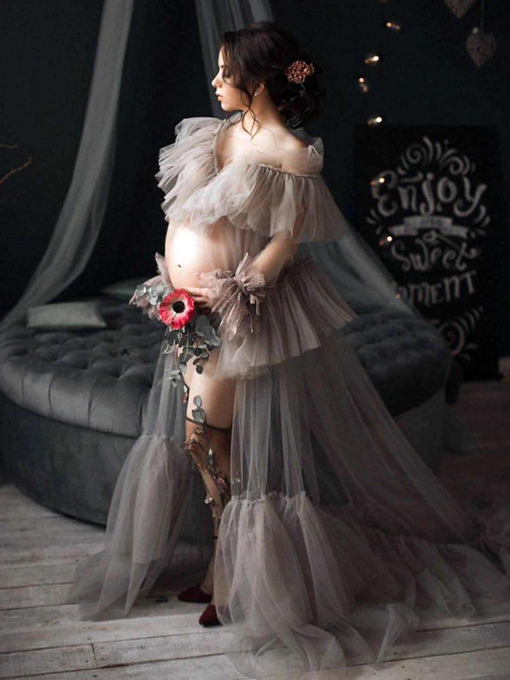 Plus Size See Through Celebrity Dress 2023 Off Shoulder Women Pregnant Party Sleepwear Ruffles Maternity Photoshoot Gowns