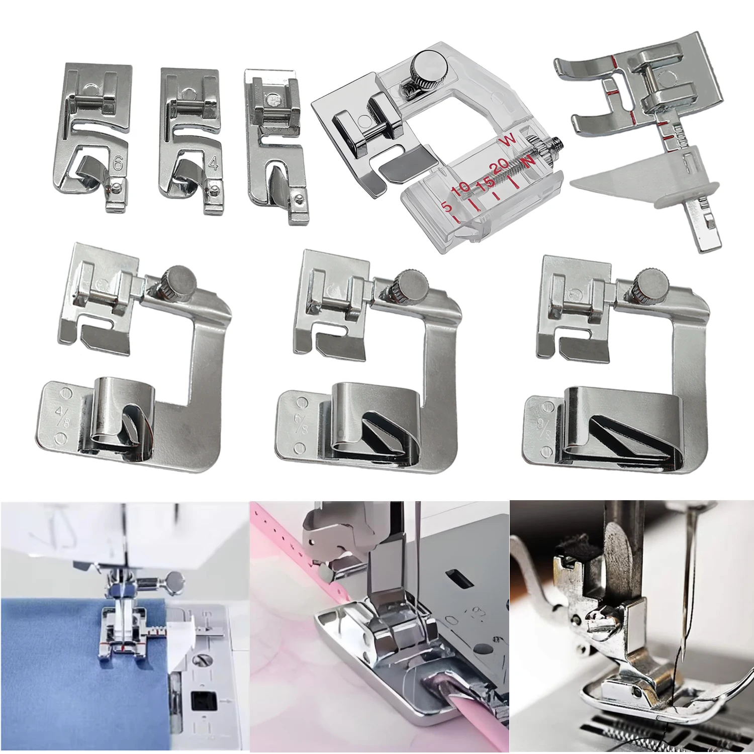 Conjunto de calcador de máquina de costura, 8 peças com 3 pés de bainha enrolada larga/estreita, pé em zigue-zague, fichário de viés, acessórios para máquina de costura