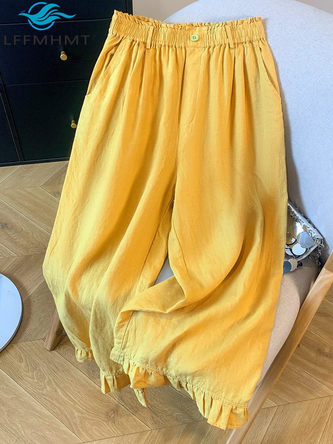

Желтый цвет, свободные повседневные брюки для женщин, летняя мода, свободные повседневные брюки с эластичной резинкой на талии до щиколотки, непринужденные льняные брюки женские
